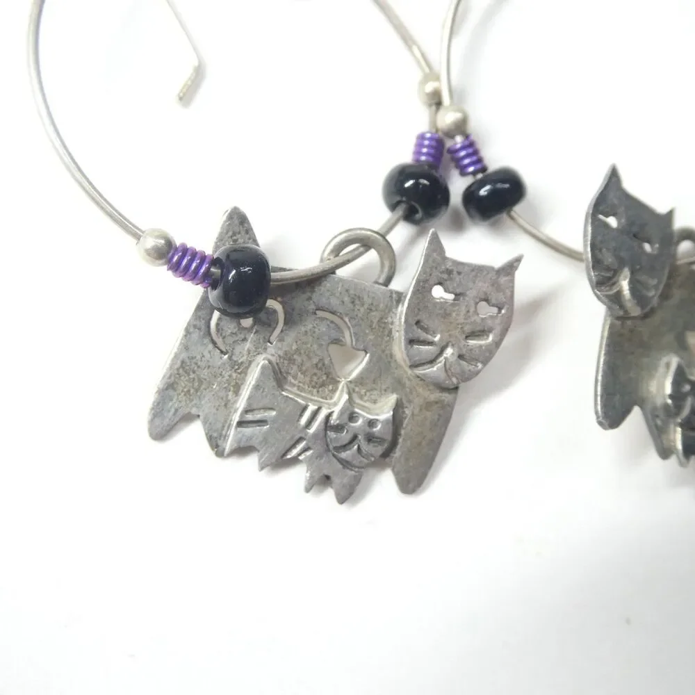 Far Fetched Cat Family Hoop Earrings 925 Sterling Silver